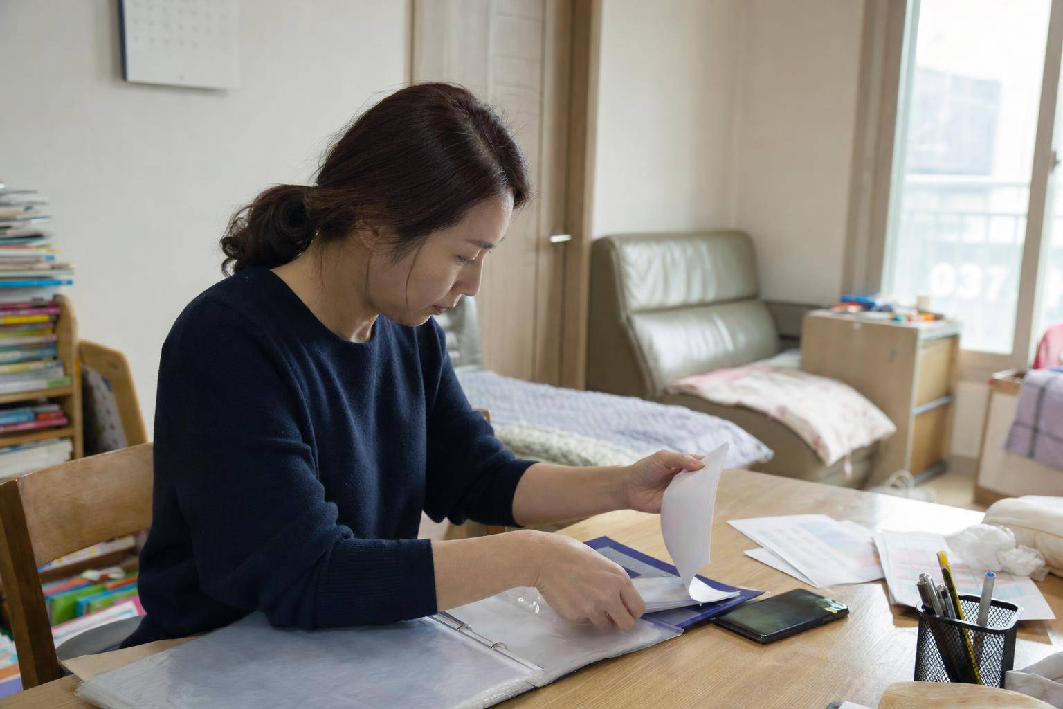 보호자가 방과후 돌봄 서비스의 운영 시간과 귀가 조건을 비교하는 모습
