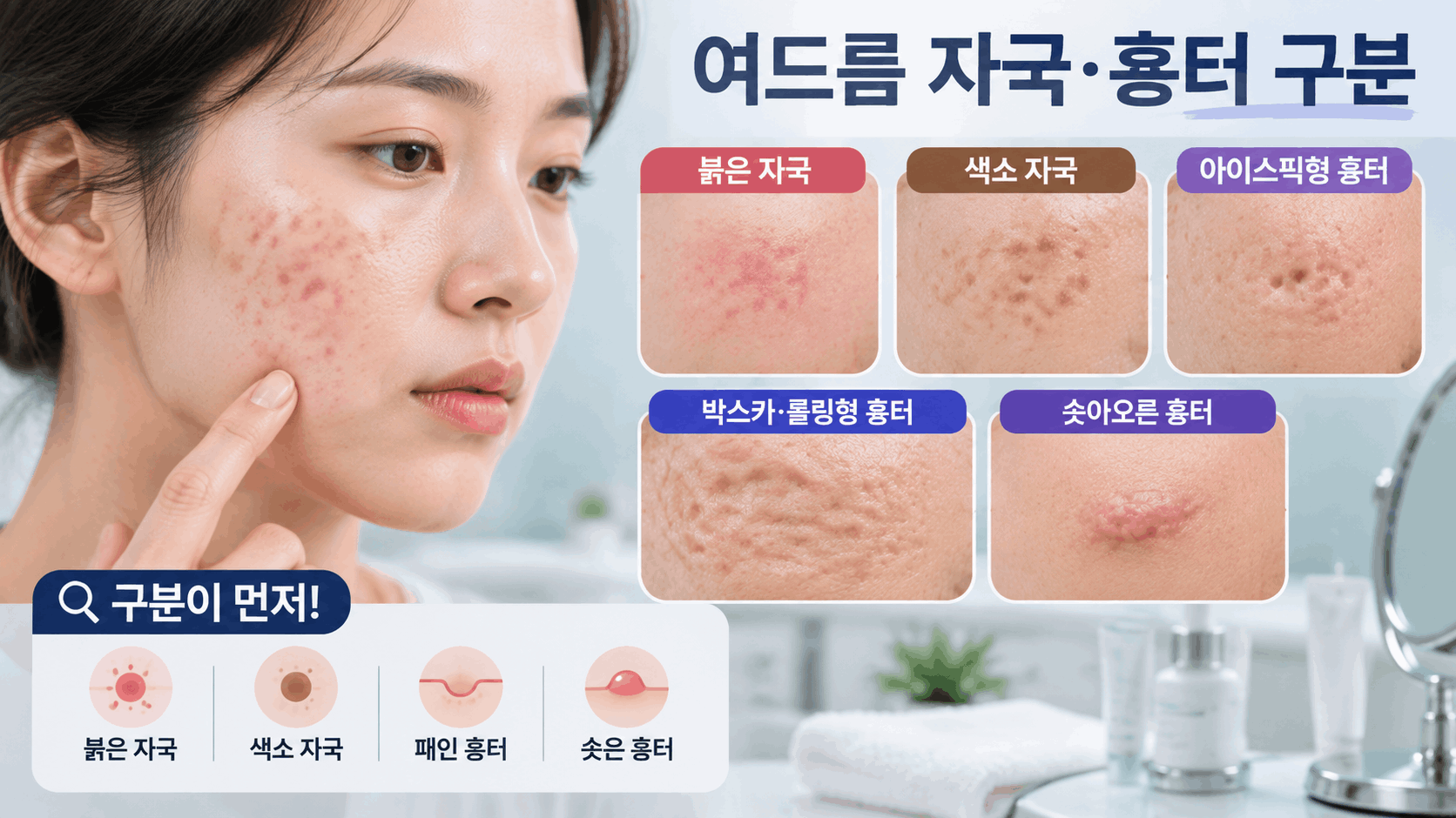 여드름 자국·흉터 관리 가이드 — 붉은 자국·색소·패인 흉터, 구분이 먼저입니다